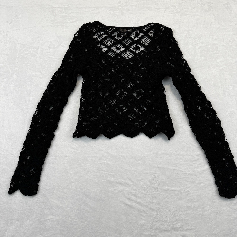 Aqua Crochet Top Black Sz XS Open Lace Whimsigoth Cottagecore Womens Layer